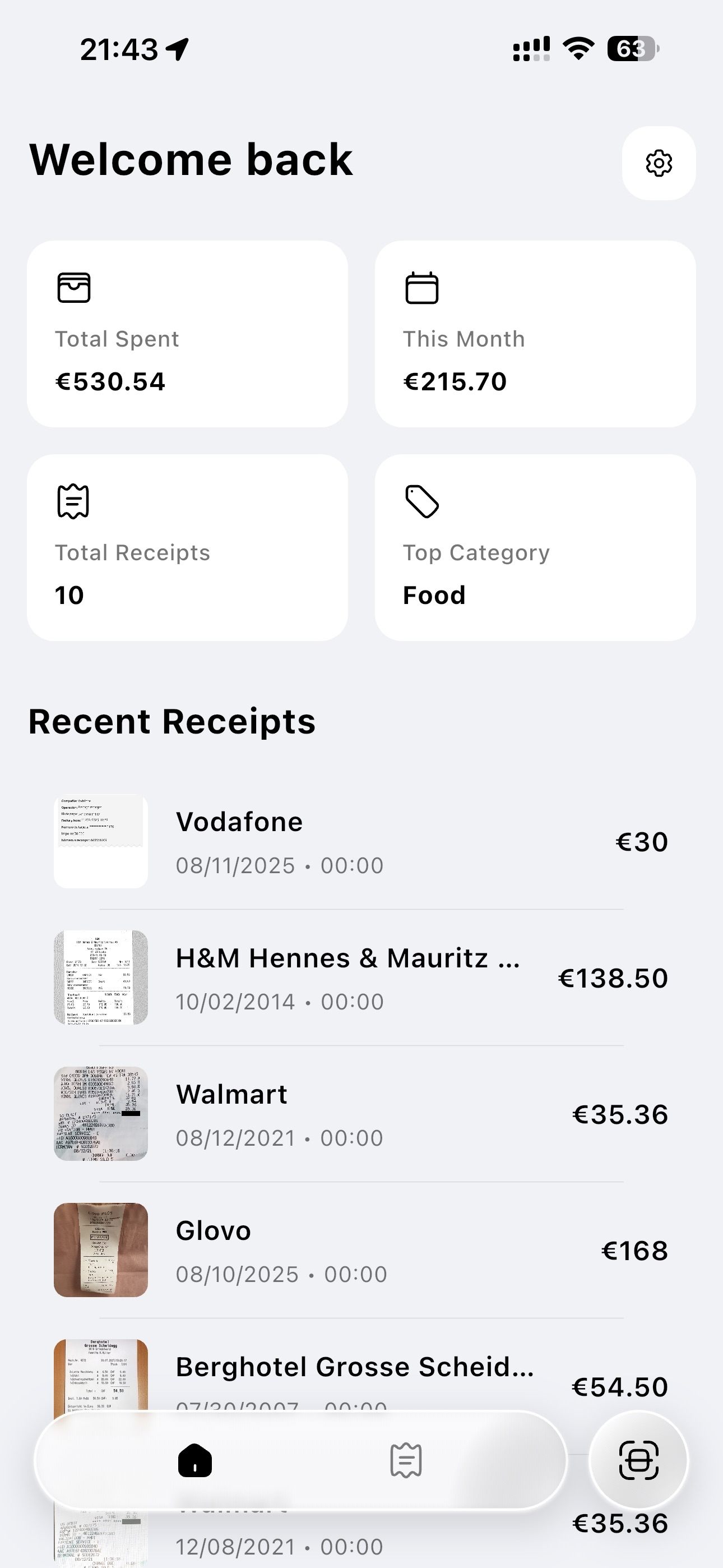 Receipto dashboard showing spending analytics and recent receipts overview