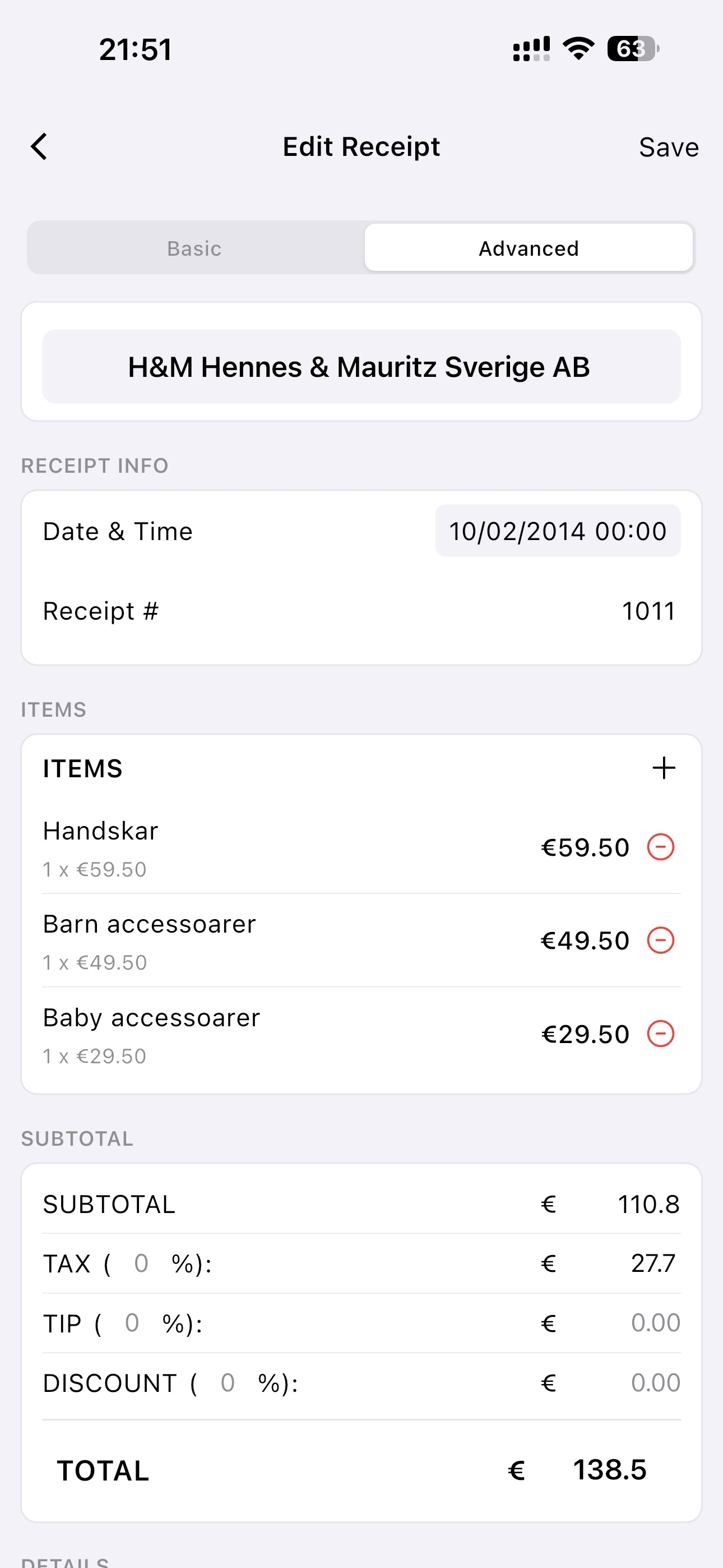 Receipt editing interface with detailed item breakdown