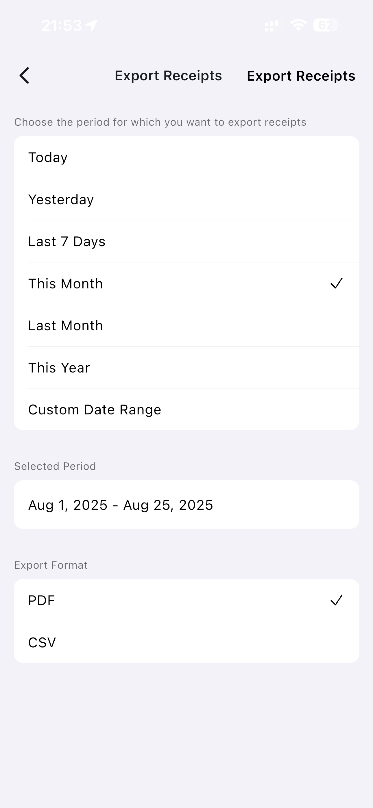Export options with date range and format selection