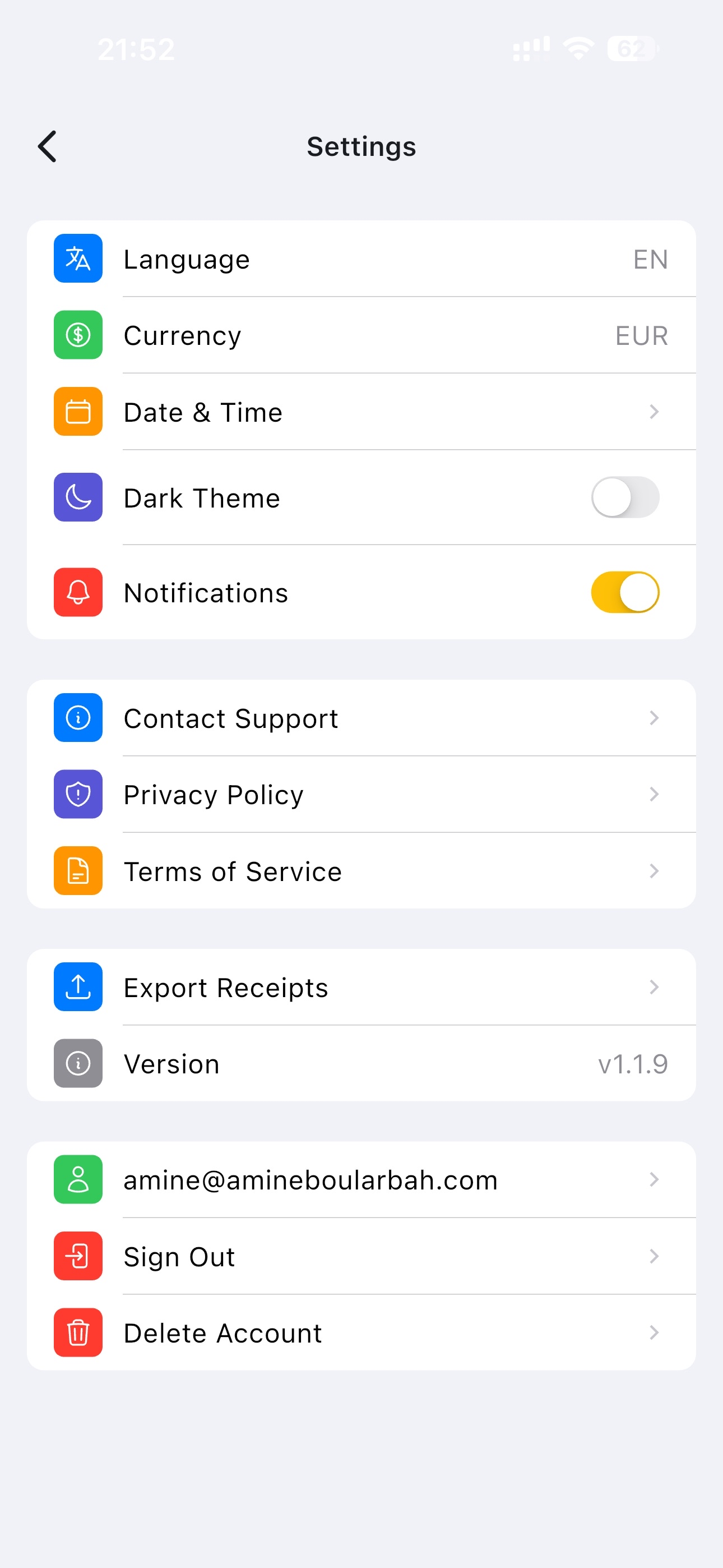 Settings screen with customization options
