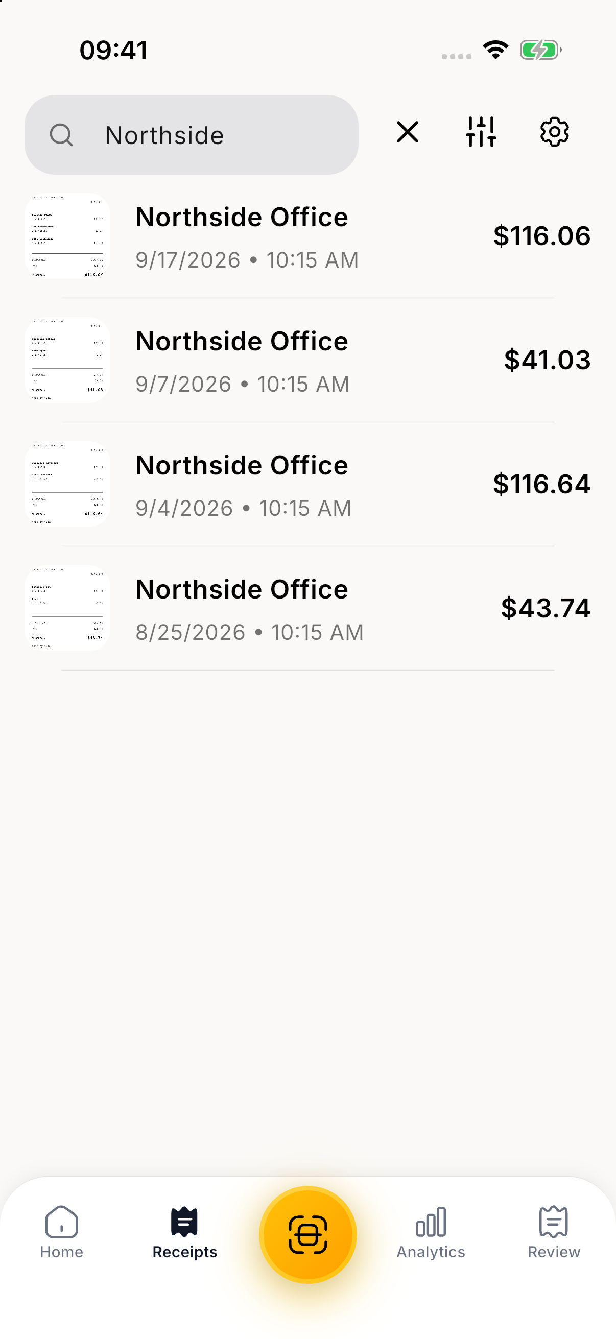 Search receipts. Real app screens with fictional sample data. Unedited native PNGs.