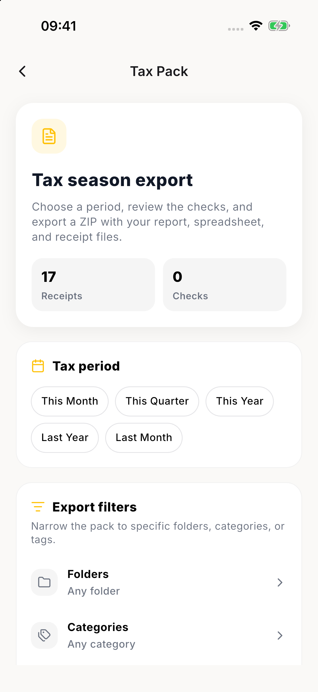 Tax Pack. Real app screens with fictional sample data. Unedited native PNGs.