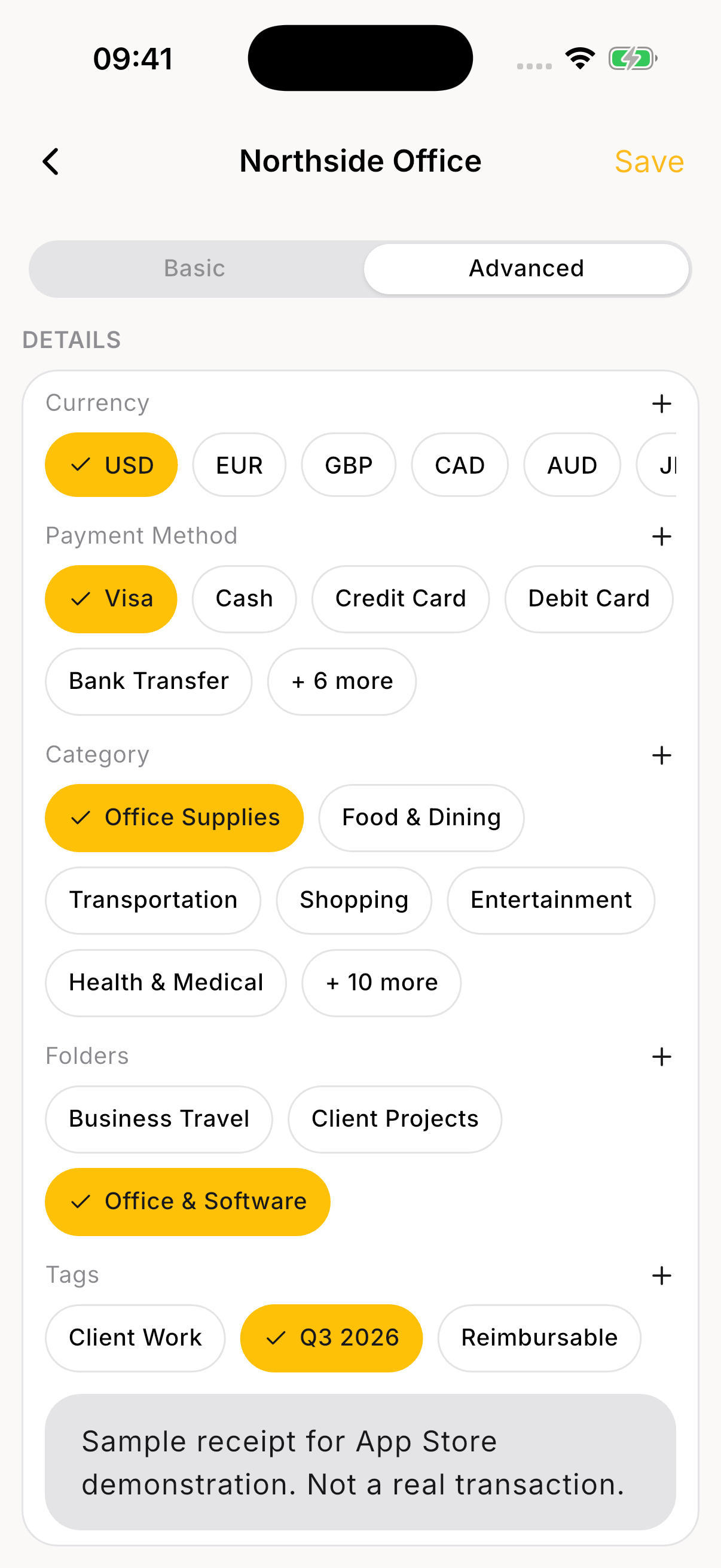 Receipto category, folder, and tag controls for a sample expense