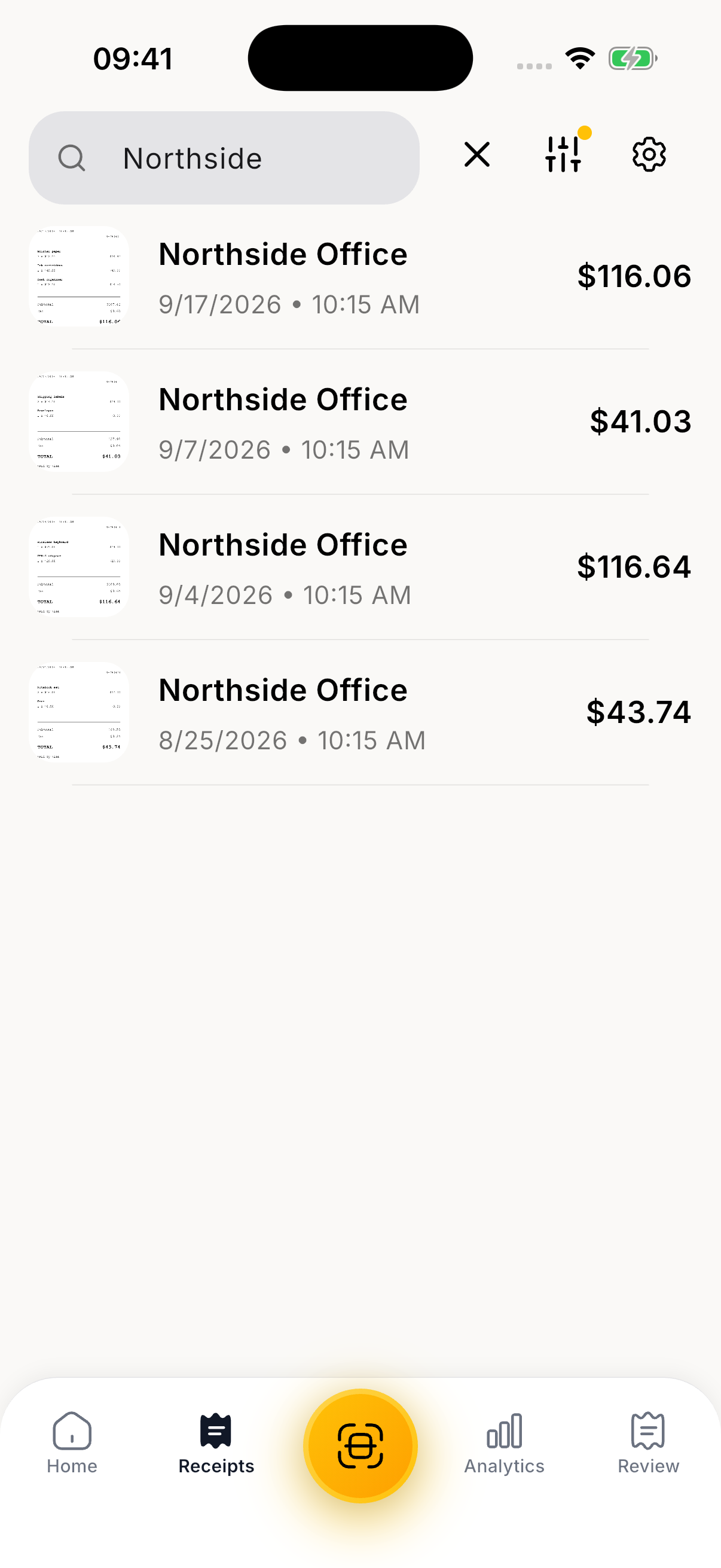 Receipto search results for fictional Northside Office receipts