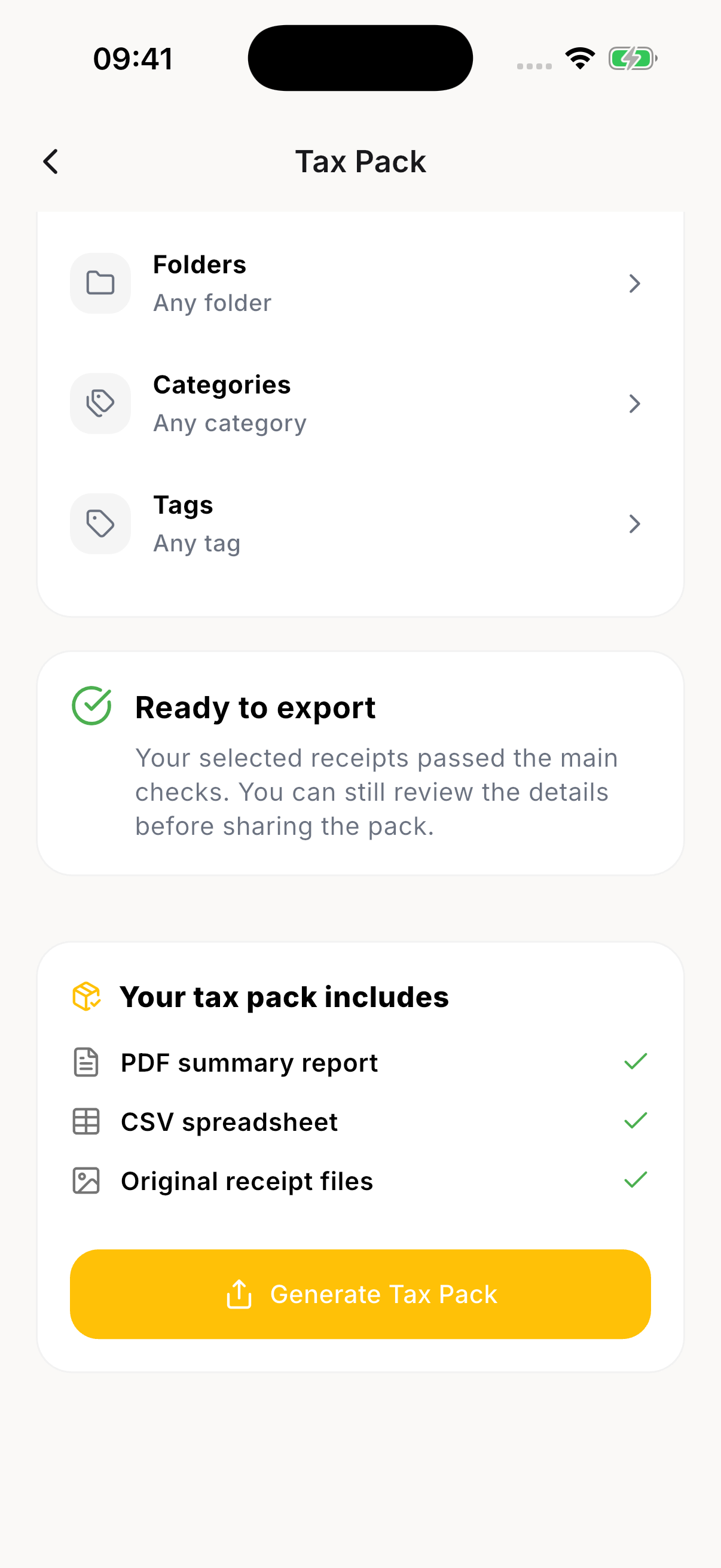 Receipto Tax Pack setup with 17 fictional receipts