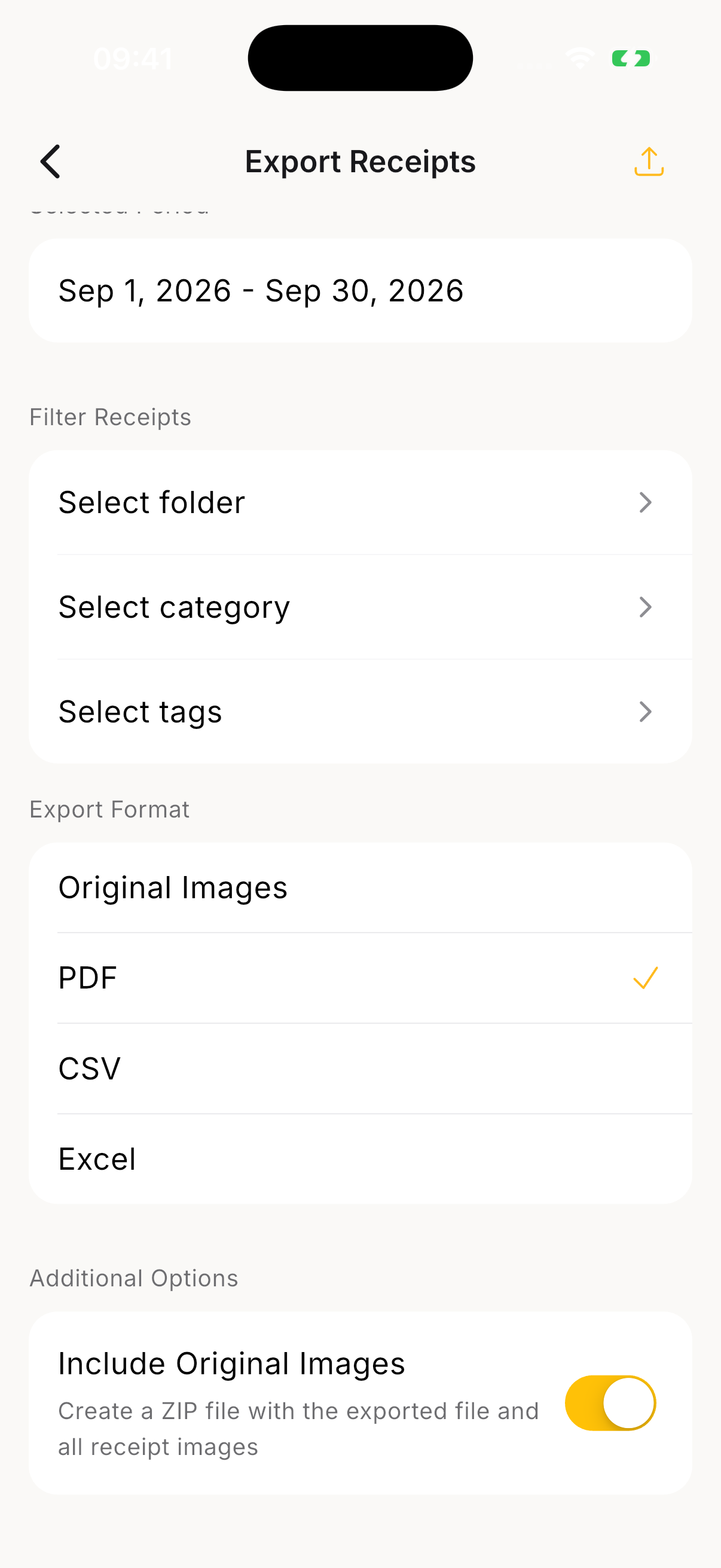 Receipto export options including PDF, CSV, Excel, and receipt images