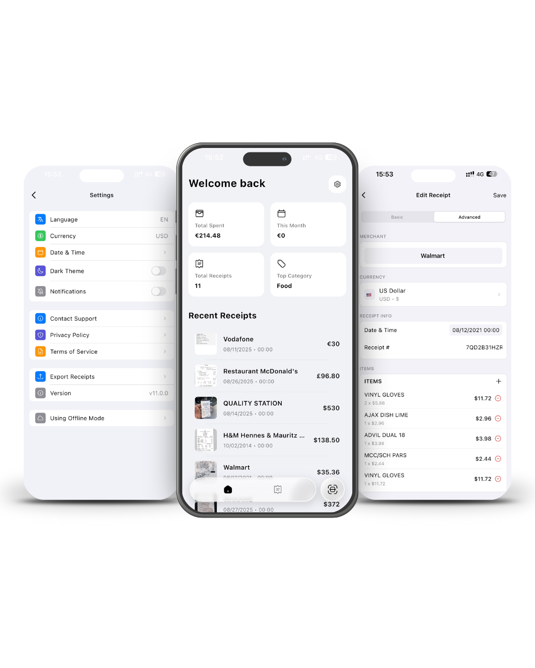 Receipto app interface showing receipt management features